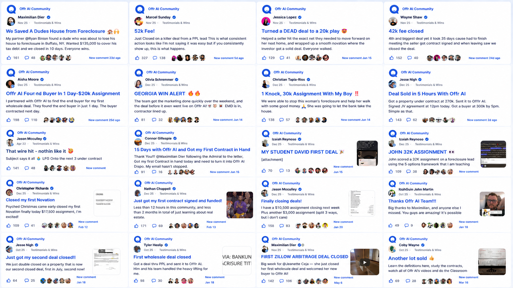 Offr AI community wins: members posting closed wholesale deals and assignment fees from $3,000 to $52,000